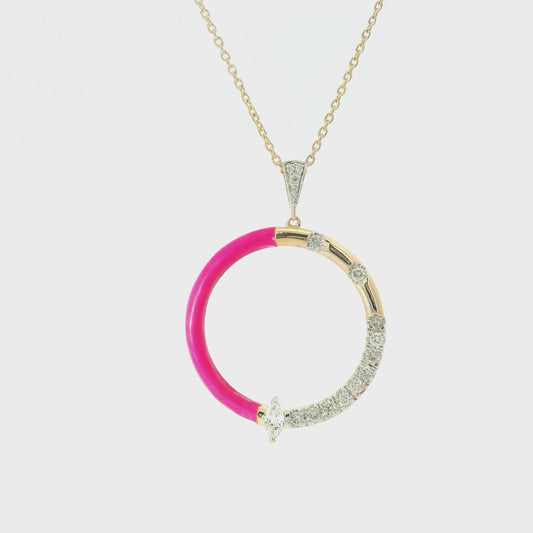 Vibrant Pink Enamel & Diamond Set Gold Pendant