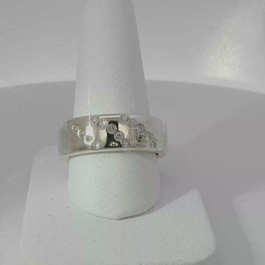 Diamond-Accented White Gold Finish Silver Band Ring