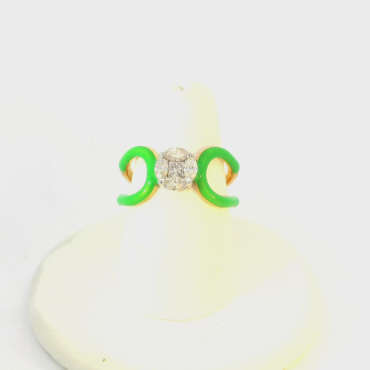 Green Enemal & Diamond Gold Ring