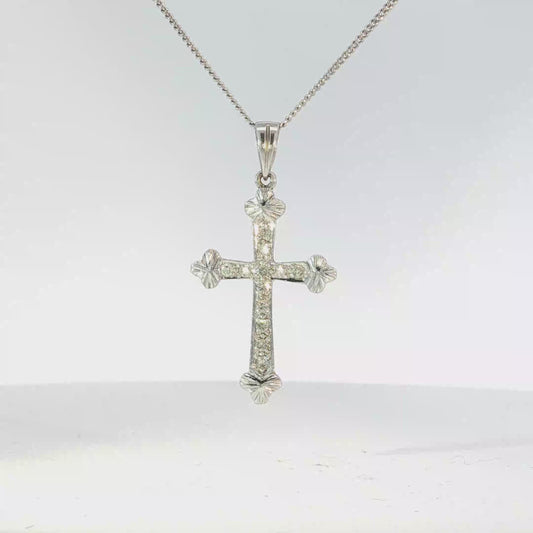 Diamond Cross Pendant in White Gold with Fluted Accents