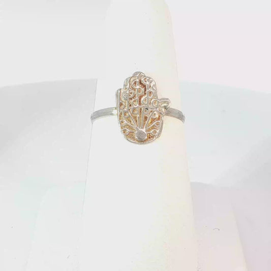 Sterling Silver Hamsa Hand Ring with Yellow Gold Accents