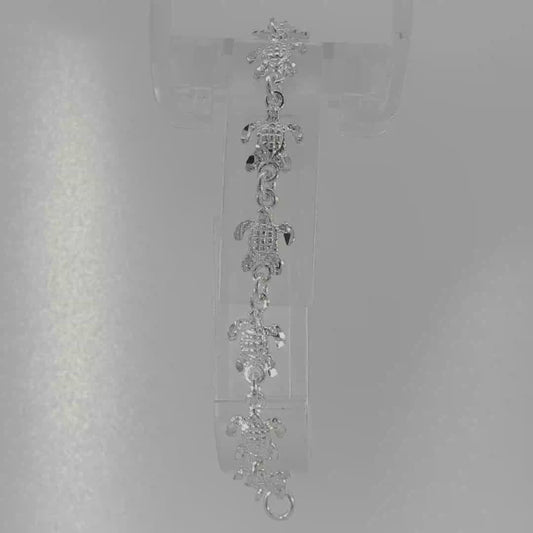 Sterling Silver Turtle Charm Chain Bracelet in White Gold Plated Finish