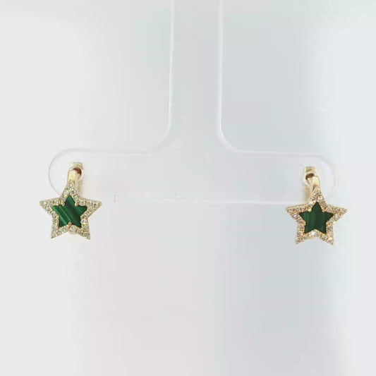 Yellow Gold Hoop Earrings with Star Shaped Malachite