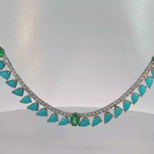 Diamond and Turquoise Charm Necklace in White Gold