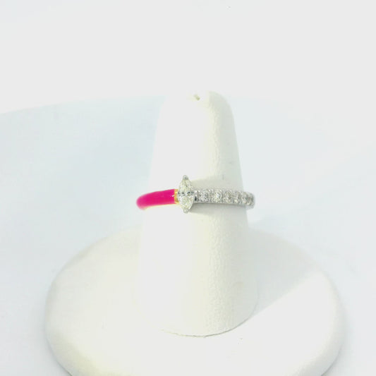 Pink Enamel & Diamond Ring With Marquise Center Stone