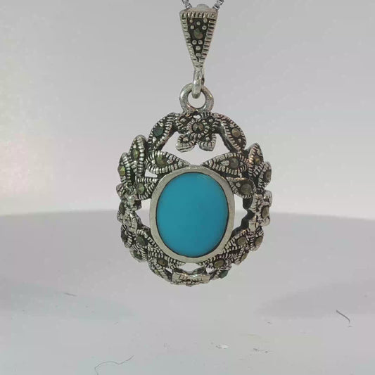 Silver Charm Necklace with Bluish Green Turquoise Cabochon