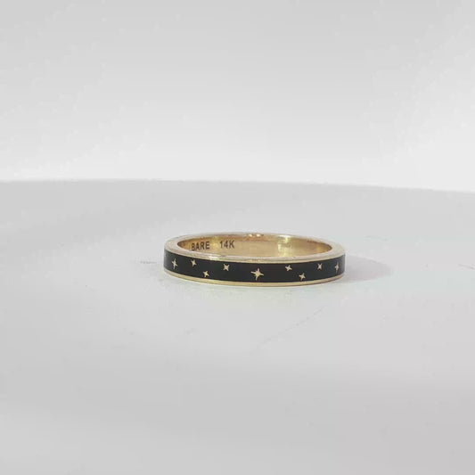 Yellow Gold Black Enamel Celestial Star Motif Band Ring