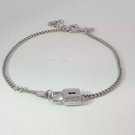 Sterling Silver Chain Bracelet with Padlock and Key Pendant