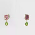 Load and play video in Gallery viewer, Yellow Gold Drop Earrings with Pear-Shaped Peridot & Rectangle Pink tourmalines
