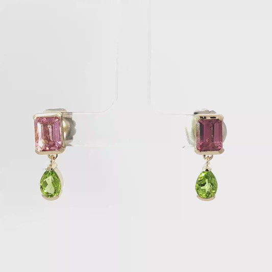 Yellow Gold Drop Earrings with Pear-Shaped Peridot & Rectangle Pink tourmalines